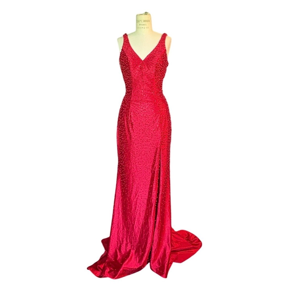 Ashley Lauren 12194 Size 10 Red Beaded Evening Gown Formal Prom Blacktie Dress